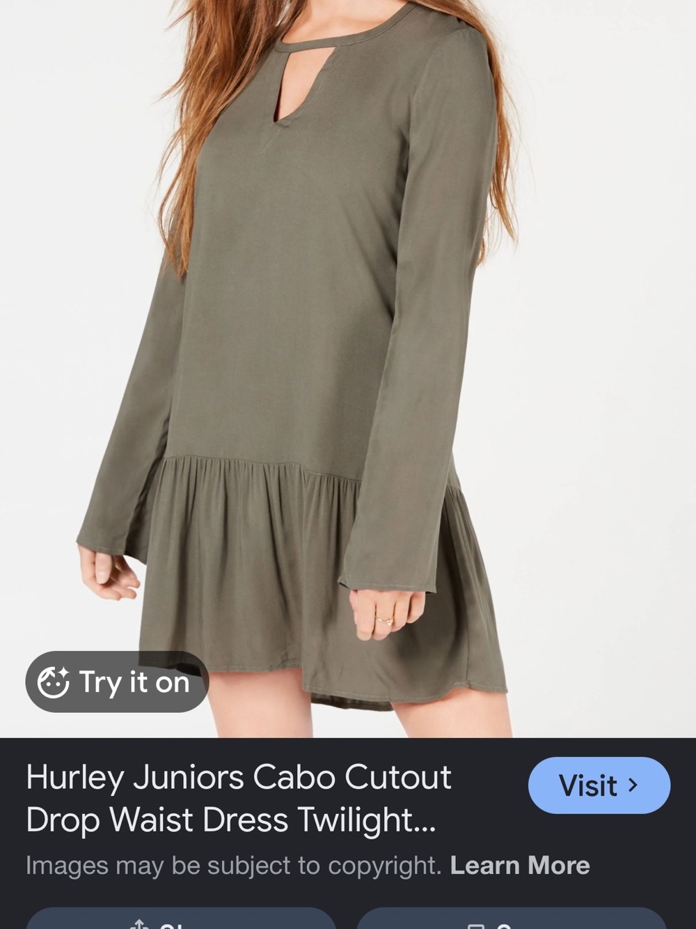 Hurley Green Drop Waist Dress with Front Cutout